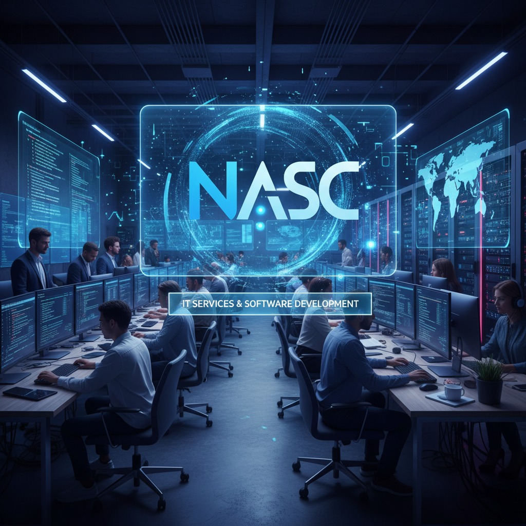 Equipo de profesionales trabajando en computadoras dentro de un centro de datos con el logotipo de NASC y el texto "IT SERVICES & SOFTWARE DEVELOPMENT" proyectado en el centro.