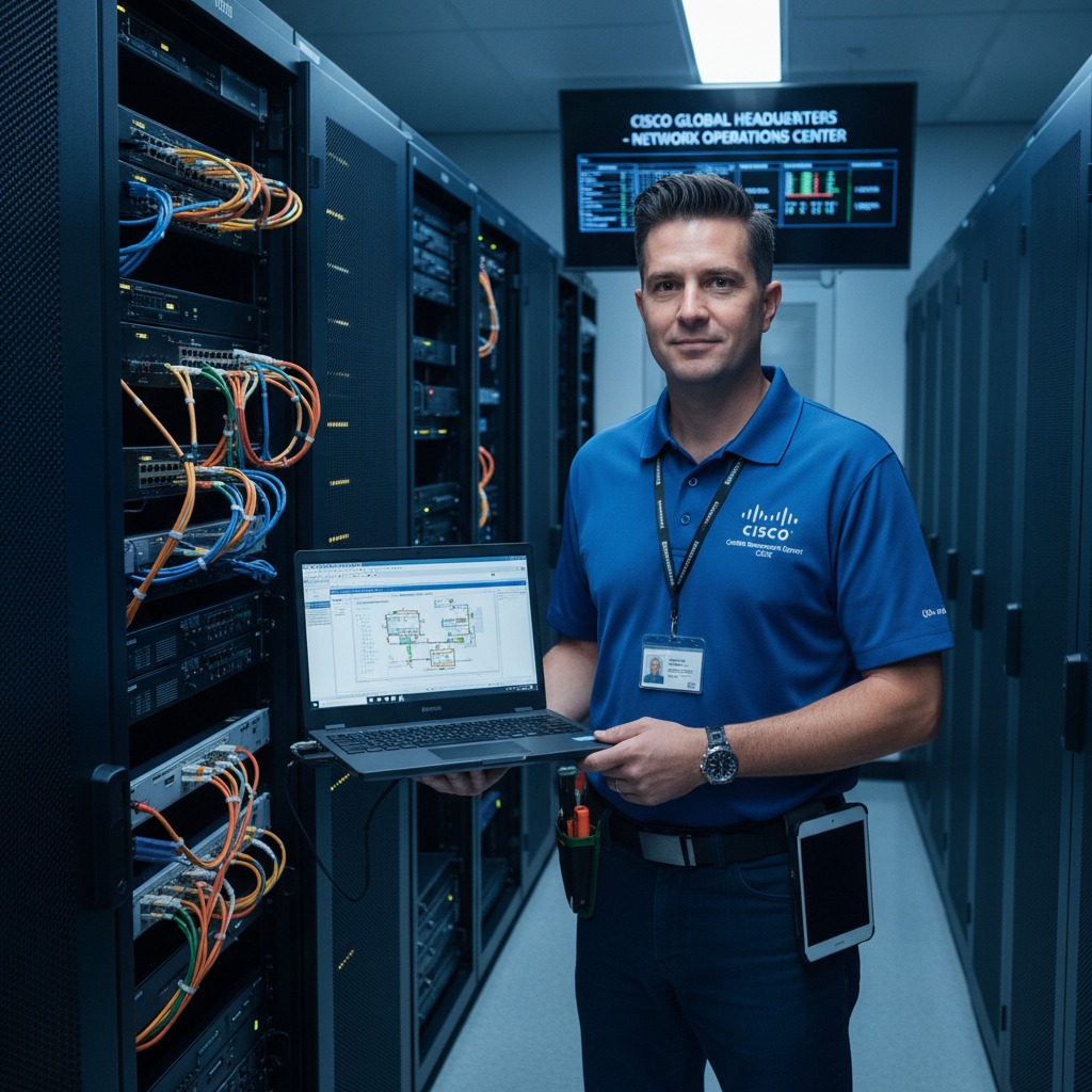 Un técnico de TI sonríe mientras sostiene una laptop abierta en un centro de datos rodeado de racks de servidores.